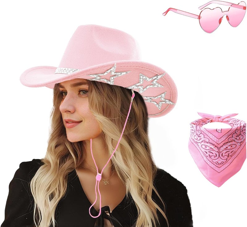 SHENYI Cowgirl Hat and Bandana and Heart Sunglasses Glitter Rhinestone Star Cowboy Hat Western Sparkly Hats for Women Men - Image 1
